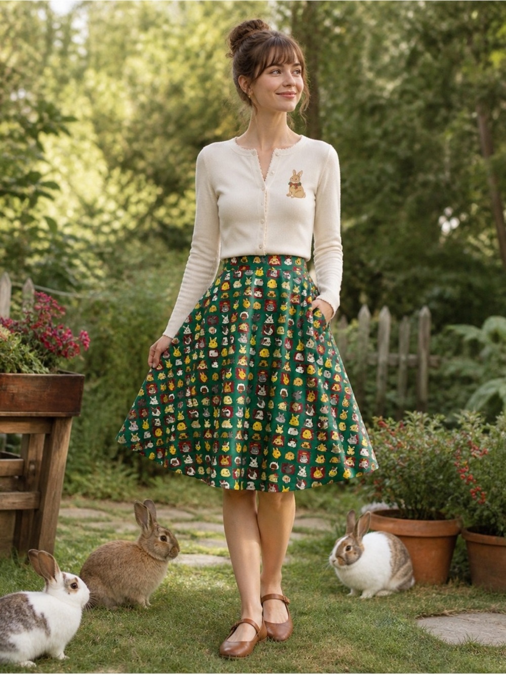 Tulip B Green With Colorful Bunnies Circle Skirt Retro Inspired. Size XL